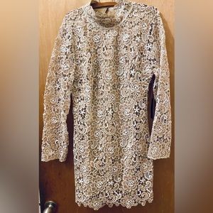 Stunning lace and beading, lined knee-length dress. Low back. Hook&eye close.